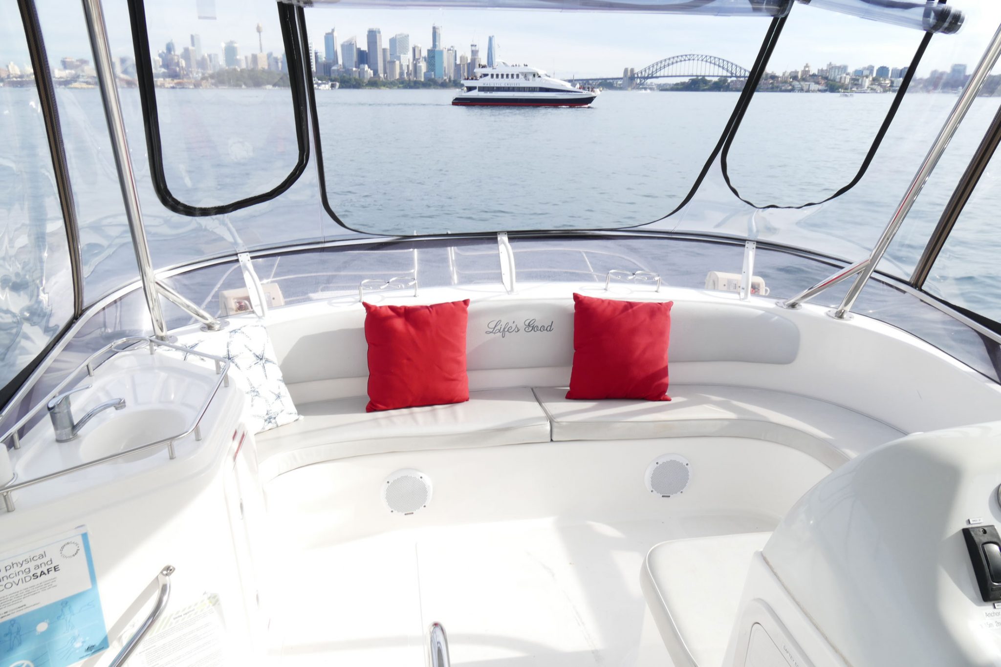 The flybridge aboard Life's Good with the Sydney Harbour Bridge in view