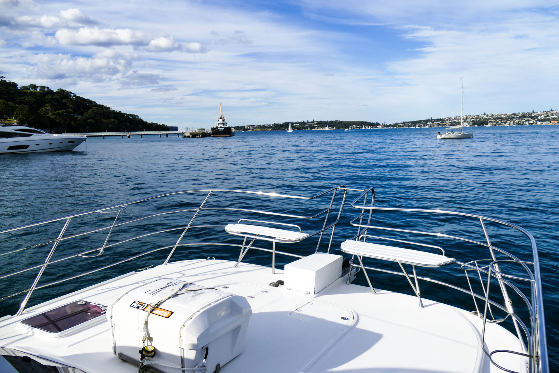 The view from the bow of Life’s Good on Sydney Harbour